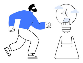 man running toward lightbulb with wind turbine vector image