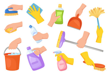 Detergent tools in hands hand hold cleaning Vector Image