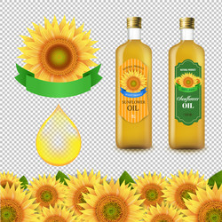 Sunflowers and olive oils bottle white labels vector