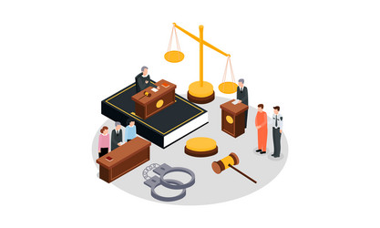 Law justice isometric composition and small people vector