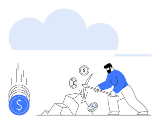 man mining cryptocurrency with pickaxe under cloud vector image