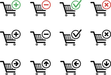 set of black shopping carts icons with add delete vector image