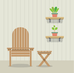 Garden chair and table with pot plants on wooden vector