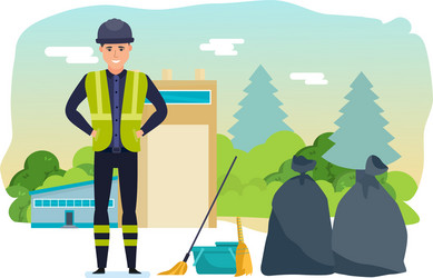 worker collects garbage for further processing vector image