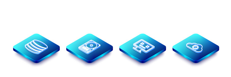 set isometric line database hard disk drive hdd vector image