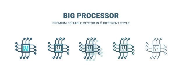 big processor icon in 5 different style outline vector image