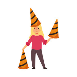 cute girl with traffic cone on head flat vector