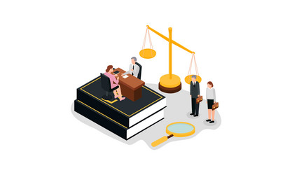 Law justice isometric composition and small people vector