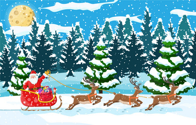 christmas landscape santa rides reindeer sleigh vector