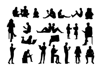 Kids Reading Books Silhouette Vector Image