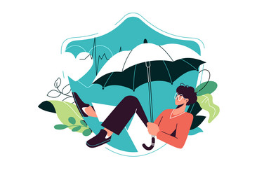 character holding umbrella insurance concept vector