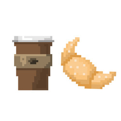 Pixel art fast drink cup and croissant vector