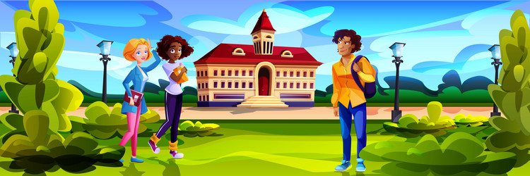 cartoon students in front of college campus vector