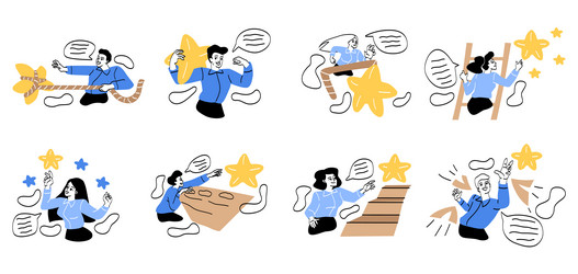 set of people overcoming obstacles on way vector