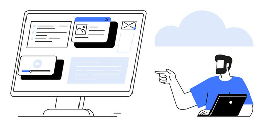 man pointing at a screen with various digital vector image