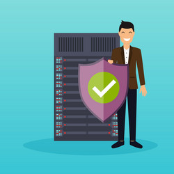 man with protection shield on a server background vector image