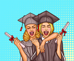 Two pop art excited girls graduate student vector