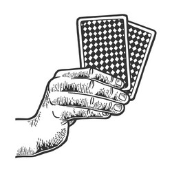 Hand with playing cards sketch engraving vector