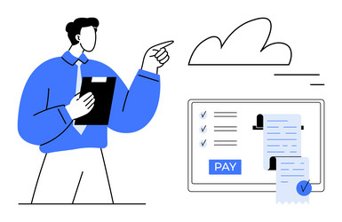 man holding clipboard points to cloud and computer vector image
