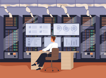 administrator at computer in server room work vector