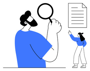 man examining document with magnifying glass while vector image