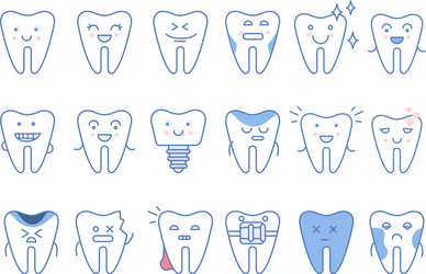 funny teeth characters with different emotions set vector