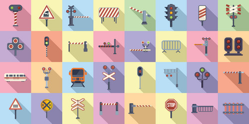 Railway crossing icons set outline signal Vector Image