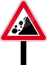 Rockfall triangular red traffic sign - rockslide vector