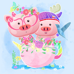 cute couple baby pig in unicorn tea cup vector