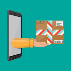 hands with postal cardboard box and smartphone vector