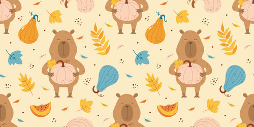 autumn pattern with funny capybara pumpkins vector image