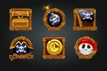 Pirate icons in wooden frames for slots vector