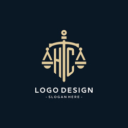 hc initial logo with scale of justice and shield vector image