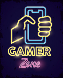 Retro video game neon with hand using smartphone vector