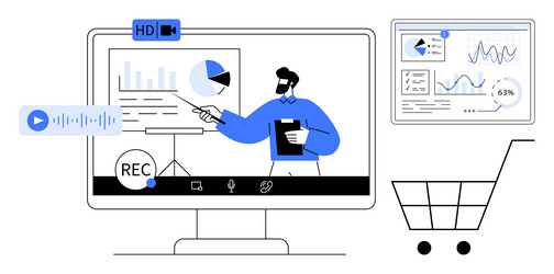 online presentation with analytics data and e vector image