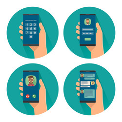 Set icon with male holding smartphone color flat vector