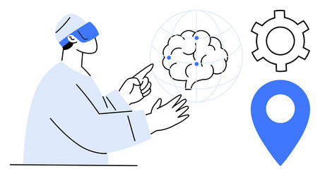 virtual reality user interacting with brain vector image