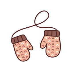 Cute knitted warm winter mittens on string vector