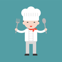 happy cute chef holding big spoon and fork vector