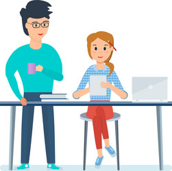 co-workers discussing project of girl on tablet vector image