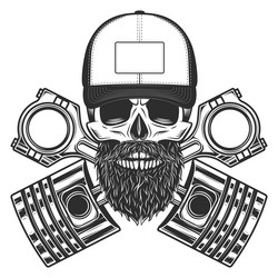 Biker skull with beard in baseball cap and piston vector