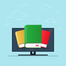 flat cartoon pc with books concept of ebook vector