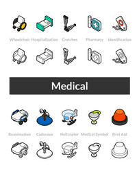 set of isometric icons in outline style colored vector