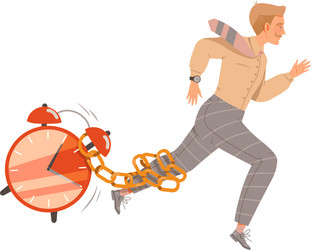 man running with alarm clock chain tangled around vector image