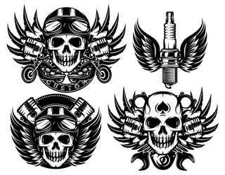 Motorcycle Skull & Wings Set Vector Image