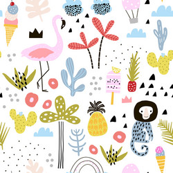 seamless pattern with flamingo leopard monkey vector image