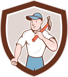 Builder carpenter holding hammer shield cartoon vector