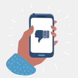 hand holding smartphone with thumb down on screen vector