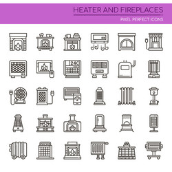 heater and fireplaces thin line pixel vector