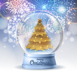 realistic snow globe with golden christmas tree vector